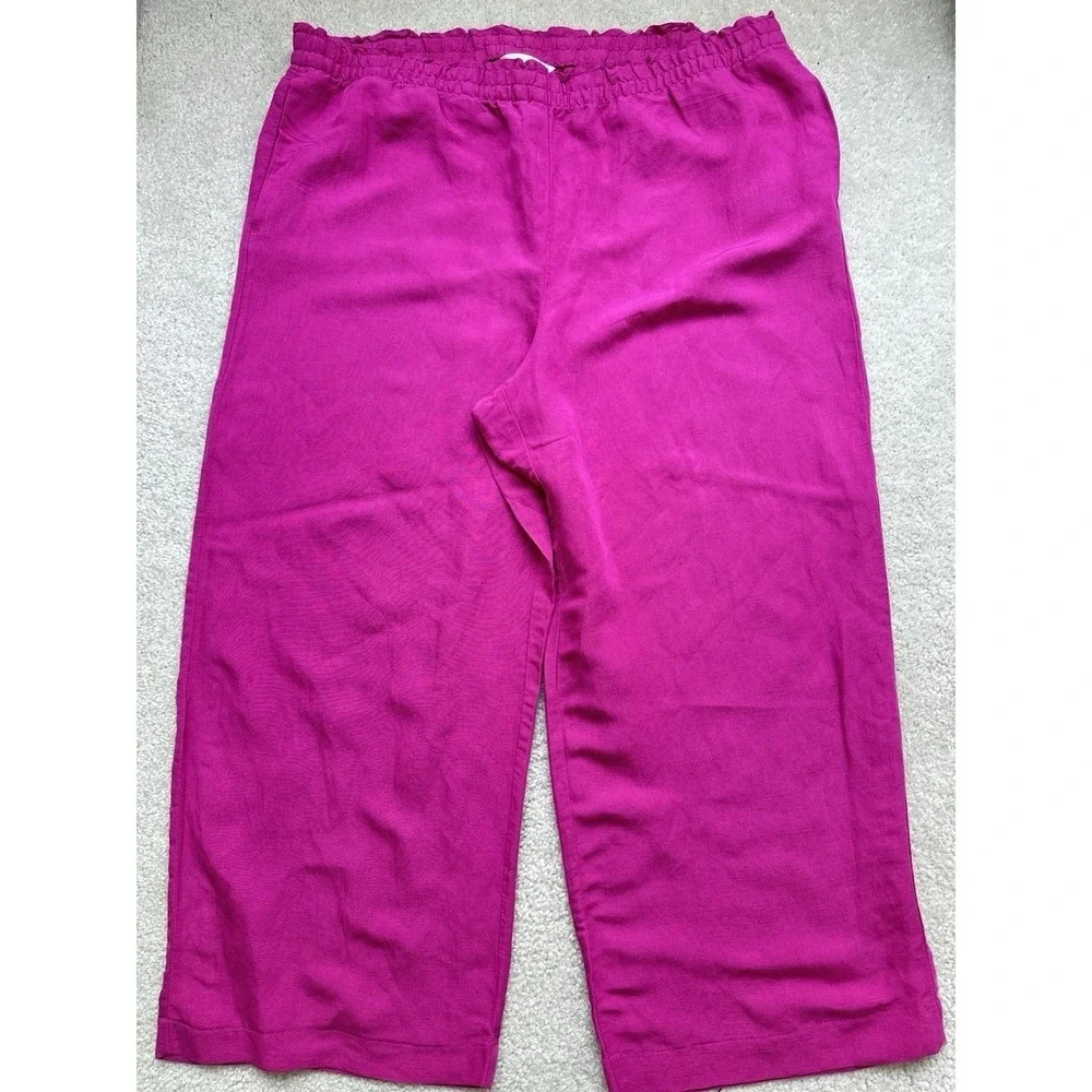 H&M Linen Blend Wide Leg Crop Pull On Pants Size XL Hot Pink